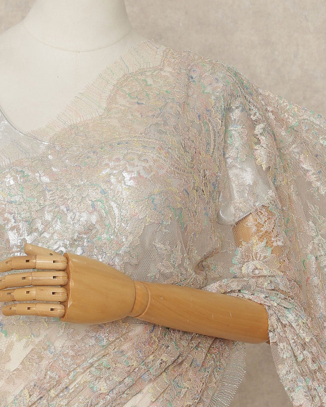 Beige French Metallic Chantilly Lace Saree