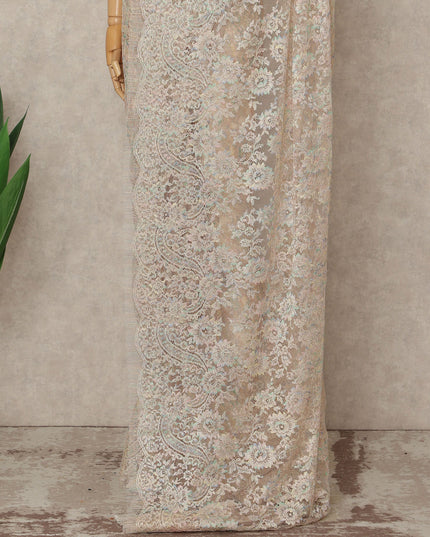 Beige French Metallic Chantilly Lace Saree