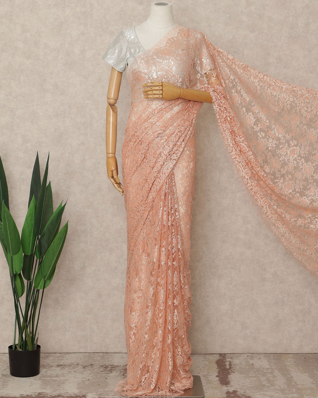 Peach French Metallic Chantilly Lace Saree