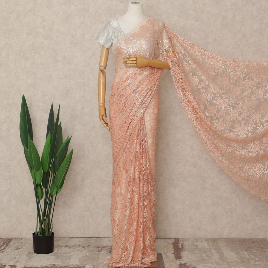 Peach French Metallic Chantilly Lace Saree