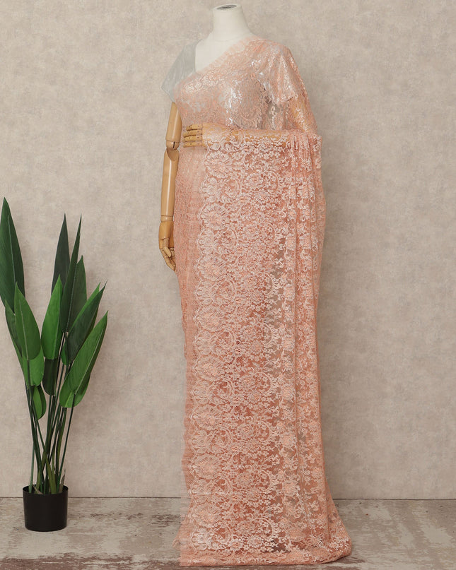 Peach French Metallic Chantilly Lace Saree