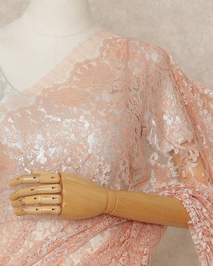 Peach French Metallic Chantilly Lace Saree