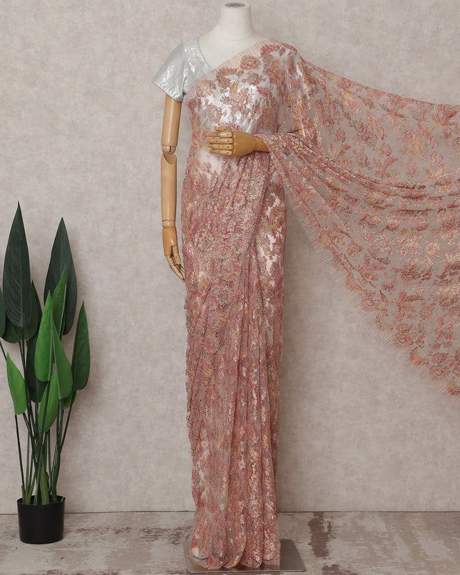 Coral Pink Multicolor Chantilly Lace Saree - D31663