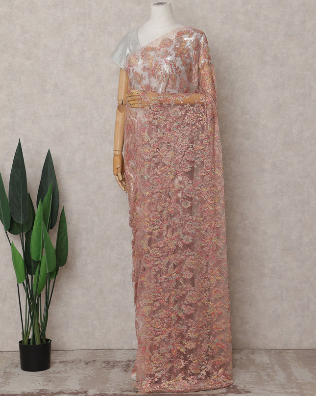 Coral Pink Multicolor Chantilly Lace Saree - D31663