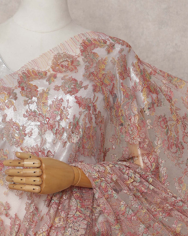 Coral Pink Multicolor Chantilly Lace Saree - D31663
