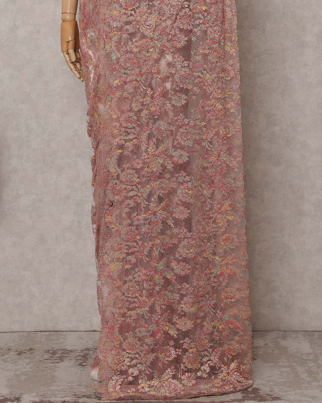 Coral Pink Multicolor Chantilly Lace Saree - D31663