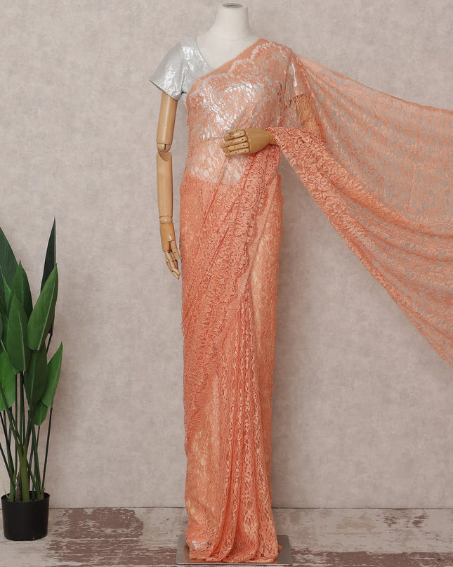 Coral Peach French Chantilly Lace Saree 5.5m