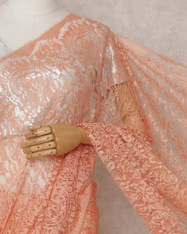 Coral Peach French Chantilly Lace Saree 5.5m