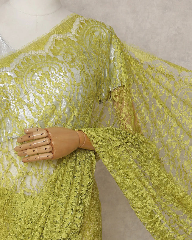 Chartreuse Lime Green French Chantilly Lace Saree 5.5m