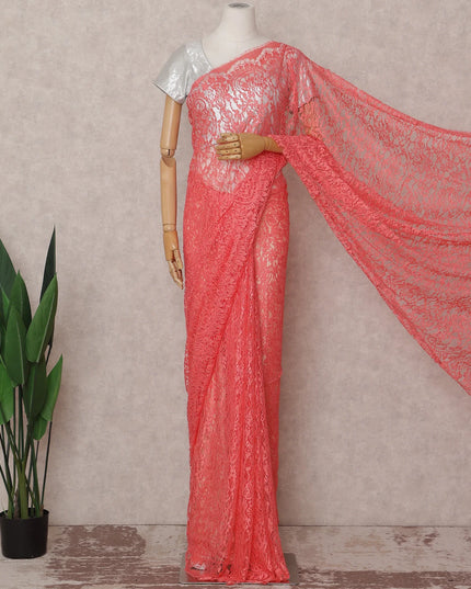 Watermelon Coral French Chantilly Lace Saree 5.5m