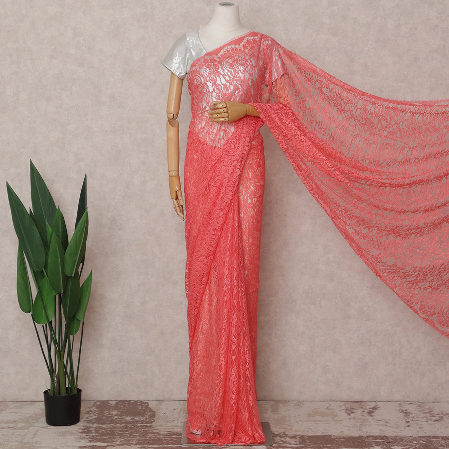 Watermelon Coral French Chantilly Lace Saree 5.5m