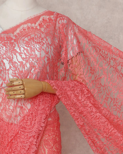Watermelon Coral French Chantilly Lace Saree 5.5m
