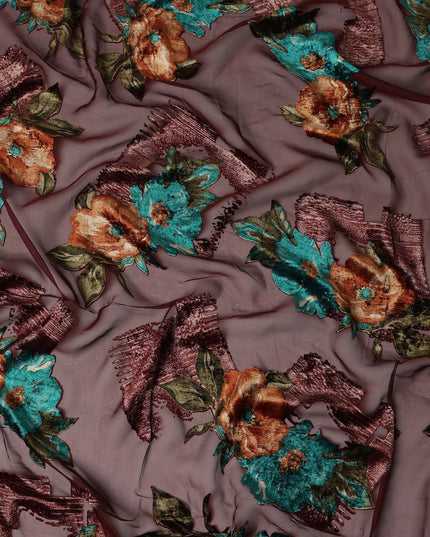 Maroon Teal Rust Velvet Floral Abstract Print Sheer Synthetic Velvet Chiffon Fabric Textured Designer Fashion Fabric 140 Cms Width India Origin-D28521