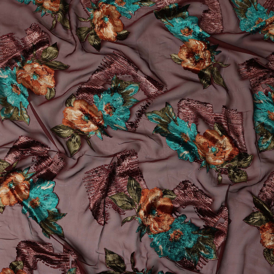 Maroon Teal Rust Velvet Floral Abstract Print Sheer Synthetic Velvet Chiffon Fabric Textured Designer Fashion Fabric 140 Cms Width India Origin-D28521