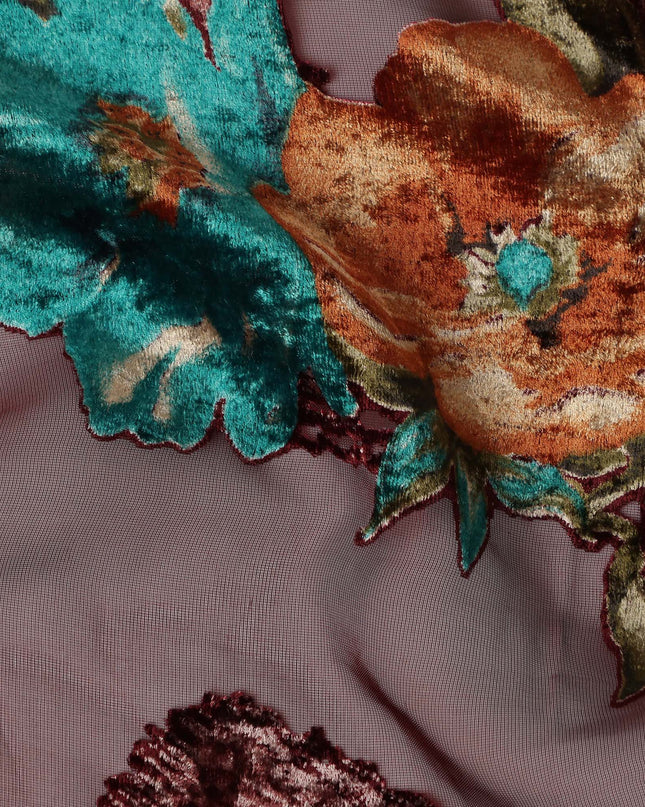Maroon Teal Rust Velvet Floral Abstract Print Sheer Synthetic Velvet Chiffon Fabric Textured Designer Fashion Fabric 140 Cms Width India Origin-D28521