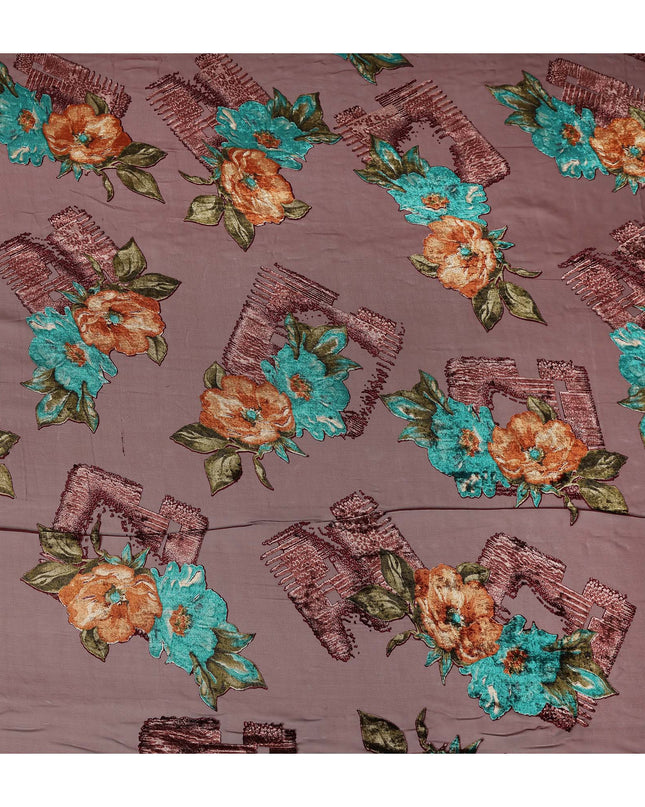 Maroon Teal Rust Velvet Floral Abstract Print Sheer Synthetic Velvet Chiffon Fabric Textured Designer Fashion Fabric 140 Cms Width India Origin-D28521