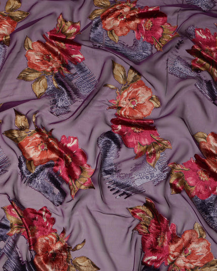 Mauve Purple Red Velvet Floral Abstract Print Sheer Synthetic Velvet Chiffon Fabric Textured Designer Fashion Fabric 140 Cms Width India Origin-D28523