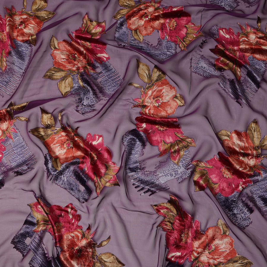 Mauve Purple Red Velvet Floral Abstract Print Sheer Synthetic Velvet Chiffon Fabric Textured Designer Fashion Fabric 140 Cms Width India Origin-D28523
