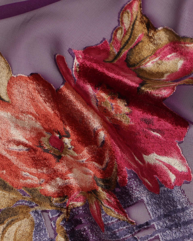 Mauve Purple Red Velvet Floral Abstract Print Sheer Synthetic Velvet Chiffon Fabric Textured Designer Fashion Fabric 140 Cms Width India Origin-D28523
