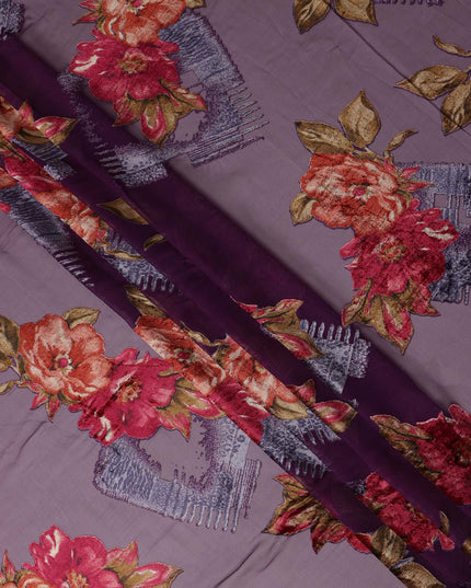 Mauve Purple Red Velvet Floral Abstract Print Sheer Synthetic Velvet Chiffon Fabric Textured Designer Fashion Fabric 140 Cms Width India Origin-D28523