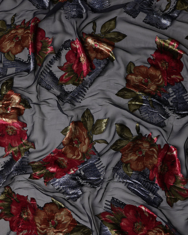 Blue Red Velvet Floral Abstract Print Sheer Synthetic Velvet Chiffon Fabric Textured Designer Fashion Fabric 140 Cms Width India Origin-D28522