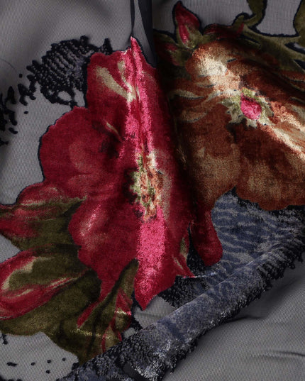 Blue Red Velvet Floral Abstract Print Sheer Synthetic Velvet Chiffon Fabric Textured Designer Fashion Fabric 140 Cms Width India Origin-D28522