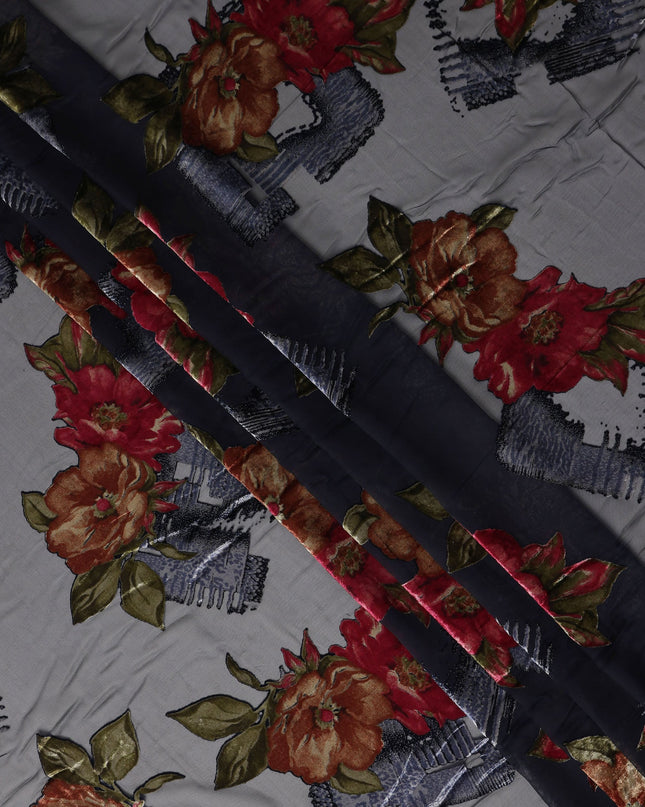 Blue Red Velvet Floral Abstract Print Sheer Synthetic Velvet Chiffon Fabric Textured Designer Fashion Fabric 140 Cms Width India Origin-D28522