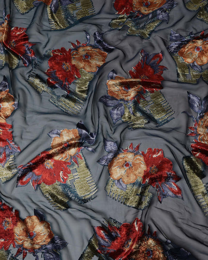 Steel Blue Velvet Floral Abstract Print Sheer Synthetic Velvet Chiffon Fabric Textured Designer Fashion Fabric 140 Cms Width India Origin-D28524