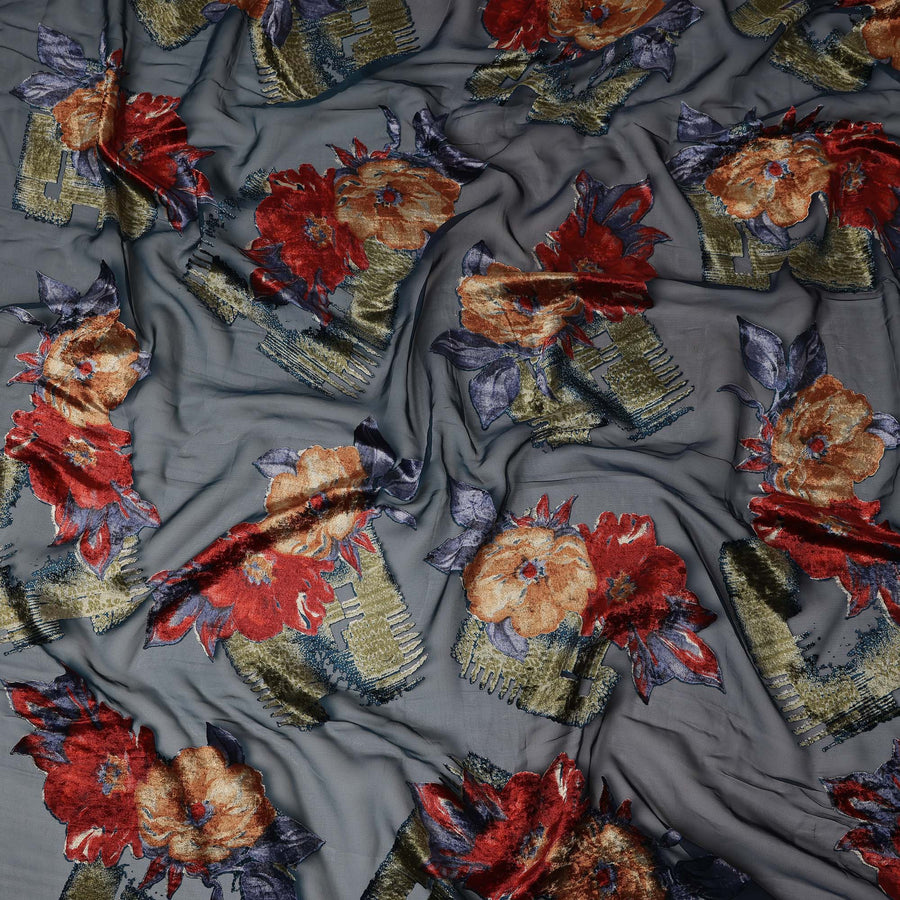 Steel Blue Velvet Floral Abstract Print Sheer Synthetic Velvet Chiffon Fabric Textured Designer Fashion Fabric 140 Cms Width India Origin-D28524