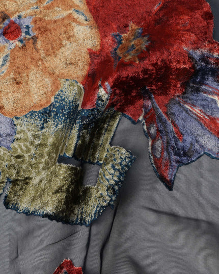 Steel Blue Velvet Floral Abstract Print Sheer Synthetic Velvet Chiffon Fabric Textured Designer Fashion Fabric 140 Cms Width India Origin-D28524