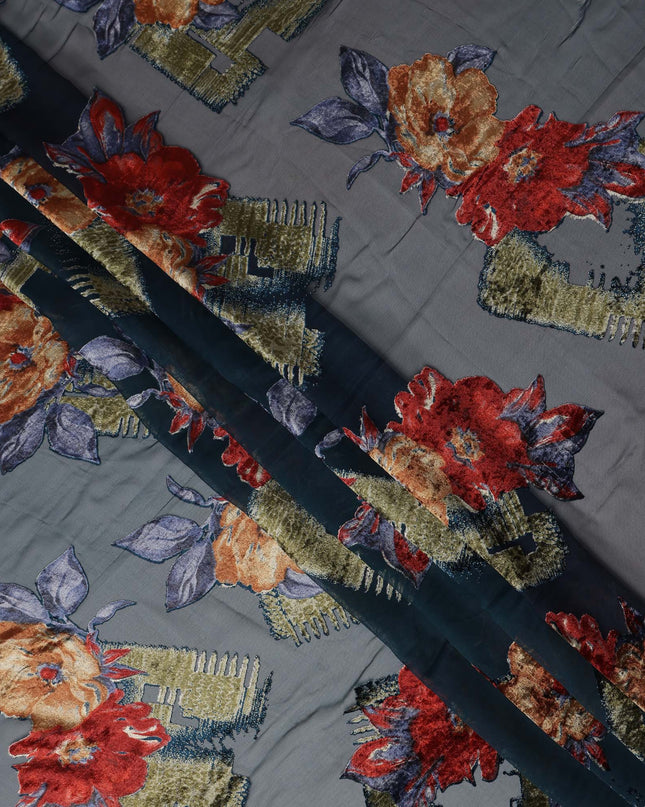 Steel Blue Velvet Floral Abstract Print Sheer Synthetic Velvet Chiffon Fabric Textured Designer Fashion Fabric 140 Cms Width India Origin-D28524