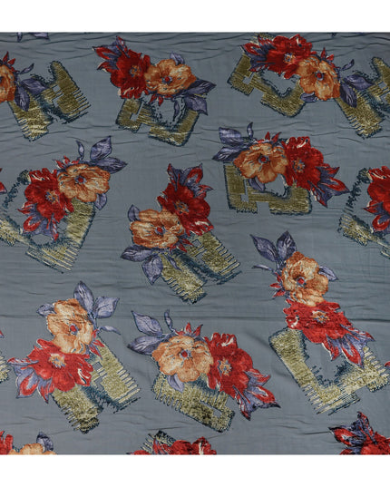 Steel Blue Velvet Floral Abstract Print Sheer Synthetic Velvet Chiffon Fabric Textured Designer Fashion Fabric 140 Cms Width India Origin-D28524