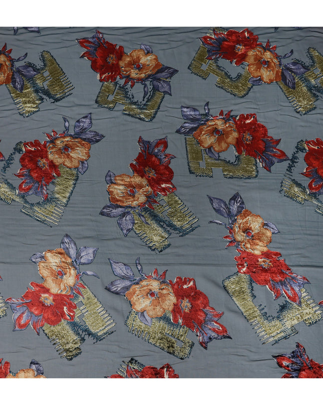 Steel Blue Velvet Floral Abstract Print Sheer Synthetic Velvet Chiffon Fabric Textured Designer Fashion Fabric 140 Cms Width India Origin-D28524