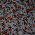 Steel Blue Rust Red Velvet Floral Print Sheer Synthetic Velvet Chiffon Fabric Textured Botanical Designer Fashion Fabric 140 Cms Width India Origin-D28520