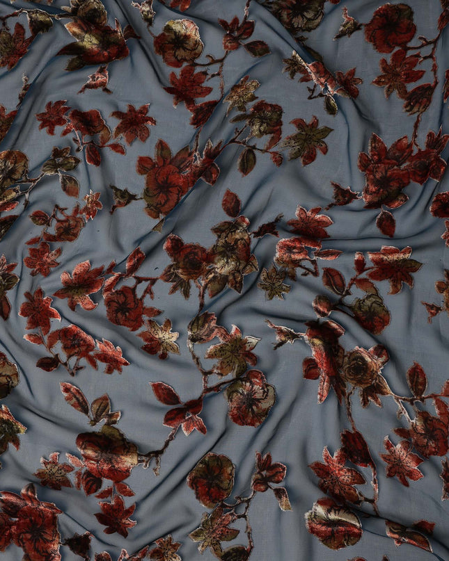 Steel Blue Rust Red Velvet Floral Print Sheer Synthetic Velvet Chiffon Fabric Textured Botanical Designer Fashion Fabric 140 Cms Width India Origin-D28520