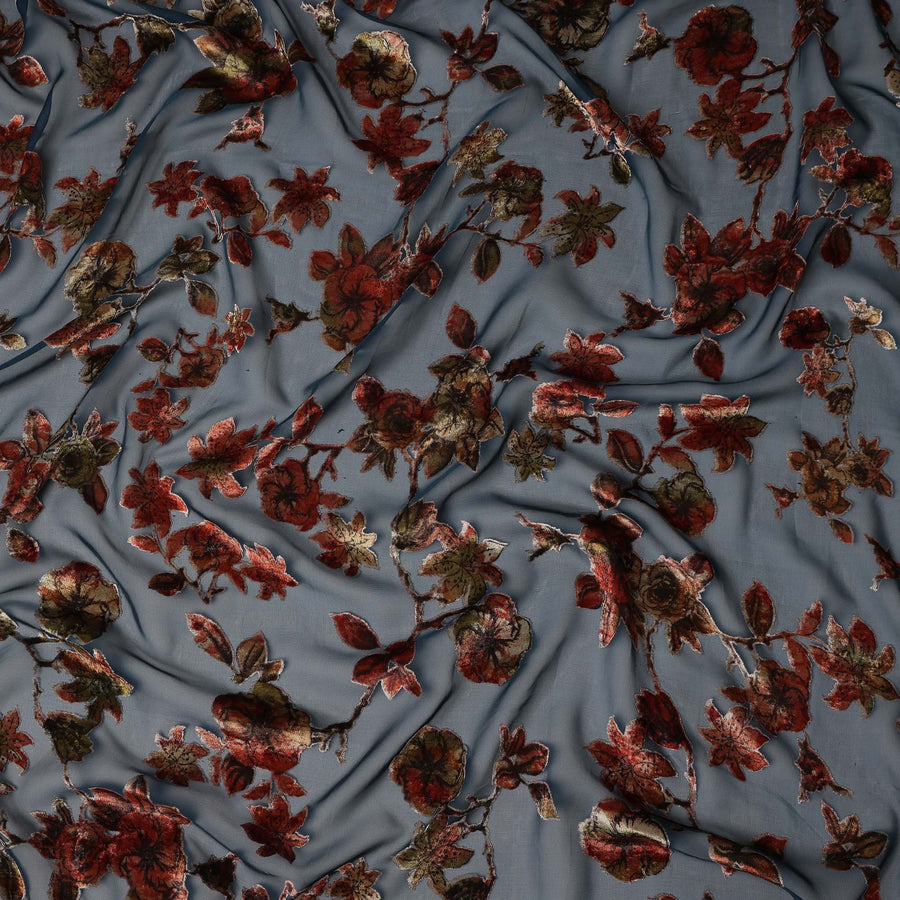 Steel Blue Rust Red Velvet Floral Print Sheer Synthetic Velvet Chiffon Fabric Textured Botanical Designer Fashion Fabric 140 Cms Width India Origin-D28520