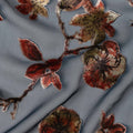 Steel Blue Rust Red Velvet Floral Print Sheer Synthetic Velvet Chiffon Fabric Textured Botanical Designer Fashion Fabric 140 Cms Width India Origin-D28520