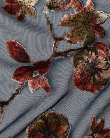 Steel Blue Rust Red Velvet Floral Print Sheer Synthetic Velvet Chiffon Fabric Textured Botanical Designer Fashion Fabric 140 Cms Width India Origin-D28520
