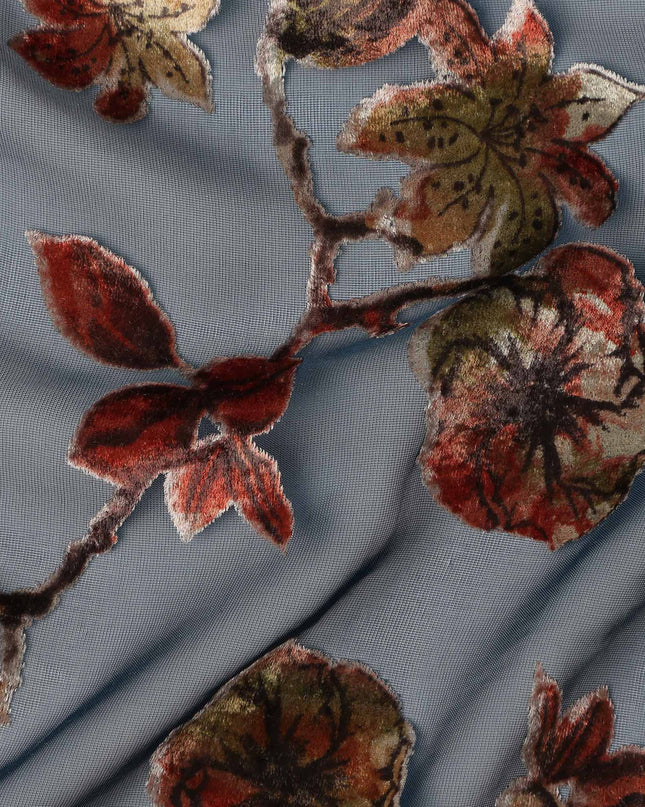 Steel Blue Rust Red Velvet Floral Print Sheer Synthetic Velvet Chiffon Fabric Textured Botanical Designer Fashion Fabric 140 Cms Width India Origin-D28520