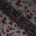 Steel Blue Rust Red Velvet Floral Print Sheer Synthetic Velvet Chiffon Fabric Textured Botanical Designer Fashion Fabric 140 Cms Width India Origin-D28520