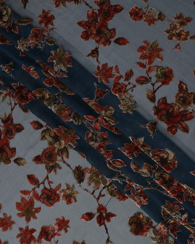 Steel Blue Rust Red Velvet Floral Print Sheer Synthetic Velvet Chiffon Fabric Textured Botanical Designer Fashion Fabric 140 Cms Width India Origin-D28520