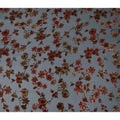 Steel Blue Rust Red Velvet Floral Print Sheer Synthetic Velvet Chiffon Fabric Textured Botanical Designer Fashion Fabric 140 Cms Width India Origin-D28520