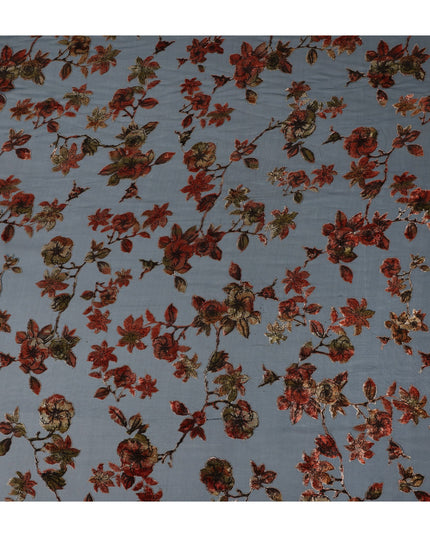 Steel Blue Rust Red Velvet Floral Print Sheer Synthetic Velvet Chiffon Fabric Textured Botanical Designer Fashion Fabric 140 Cms Width India Origin-D28520