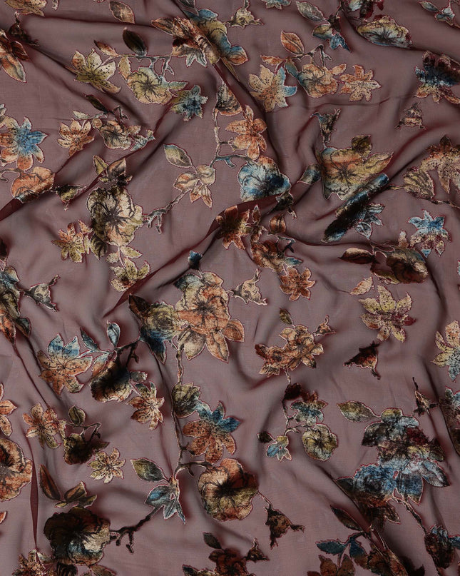 Brown Multicolor Velvet Floral Print Sheer Synthetic Velvet Chiffon Fabric Textured Botanical Designer Fashion Fabric 140 Cms Width India Origin-D28519