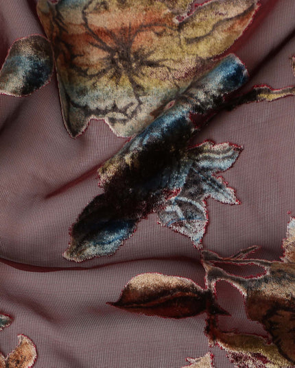 Brown Multicolor Velvet Floral Print Sheer Synthetic Velvet Chiffon Fabric Textured Botanical Designer Fashion Fabric 140 Cms Width India Origin-D28519