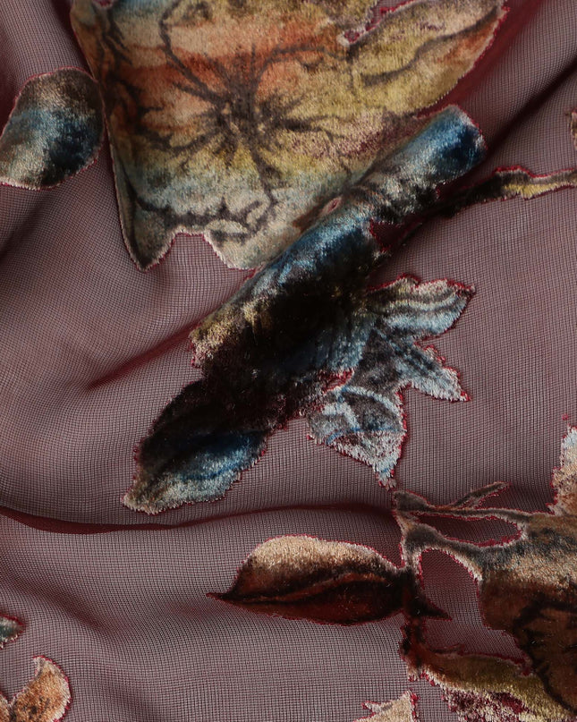 Brown Multicolor Velvet Floral Print Sheer Synthetic Velvet Chiffon Fabric Textured Botanical Designer Fashion Fabric 140 Cms Width India Origin-D28519