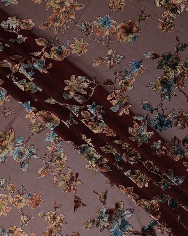 Brown Multicolor Velvet Floral Print Sheer Synthetic Velvet Chiffon Fabric Textured Botanical Designer Fashion Fabric 140 Cms Width India Origin-D28519