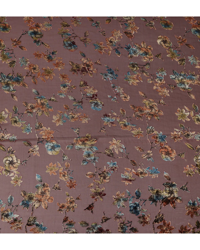 Brown Multicolor Velvet Floral Print Sheer Synthetic Velvet Chiffon Fabric Textured Botanical Designer Fashion Fabric 140 Cms Width India Origin-D28519