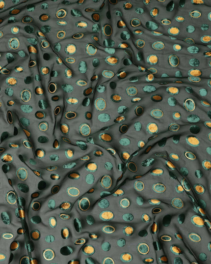 Dark Forest Green Gold Velvet Polka Dot Sheer Synthetic Velvet Chiffon Fabric Textured Metallic Circle Designer Fashion Fabric 140 Cms Width India Origin-D28516