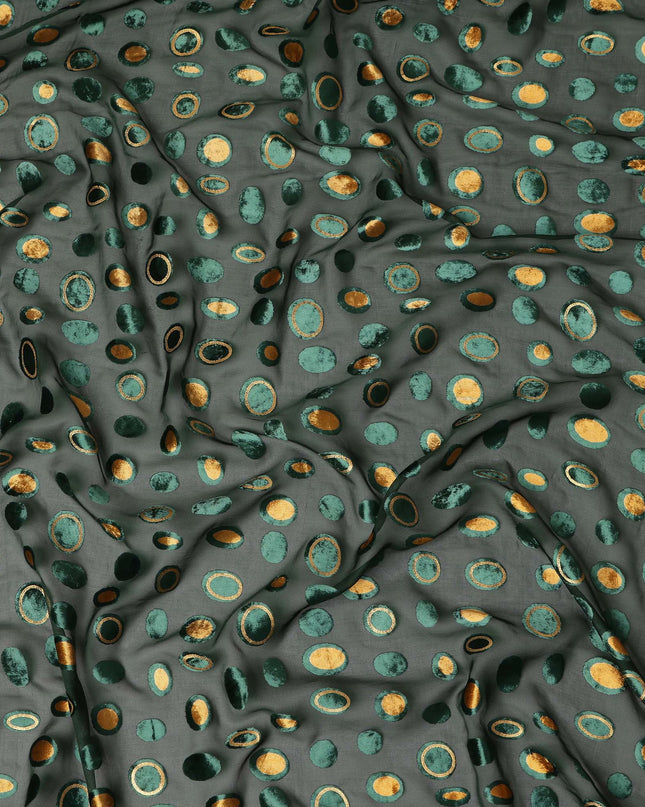 Dark Forest Green Gold Velvet Polka Dot Sheer Synthetic Velvet Chiffon Fabric Textured Metallic Circle Designer Fashion Fabric 140 Cms Width India Origin-D28516